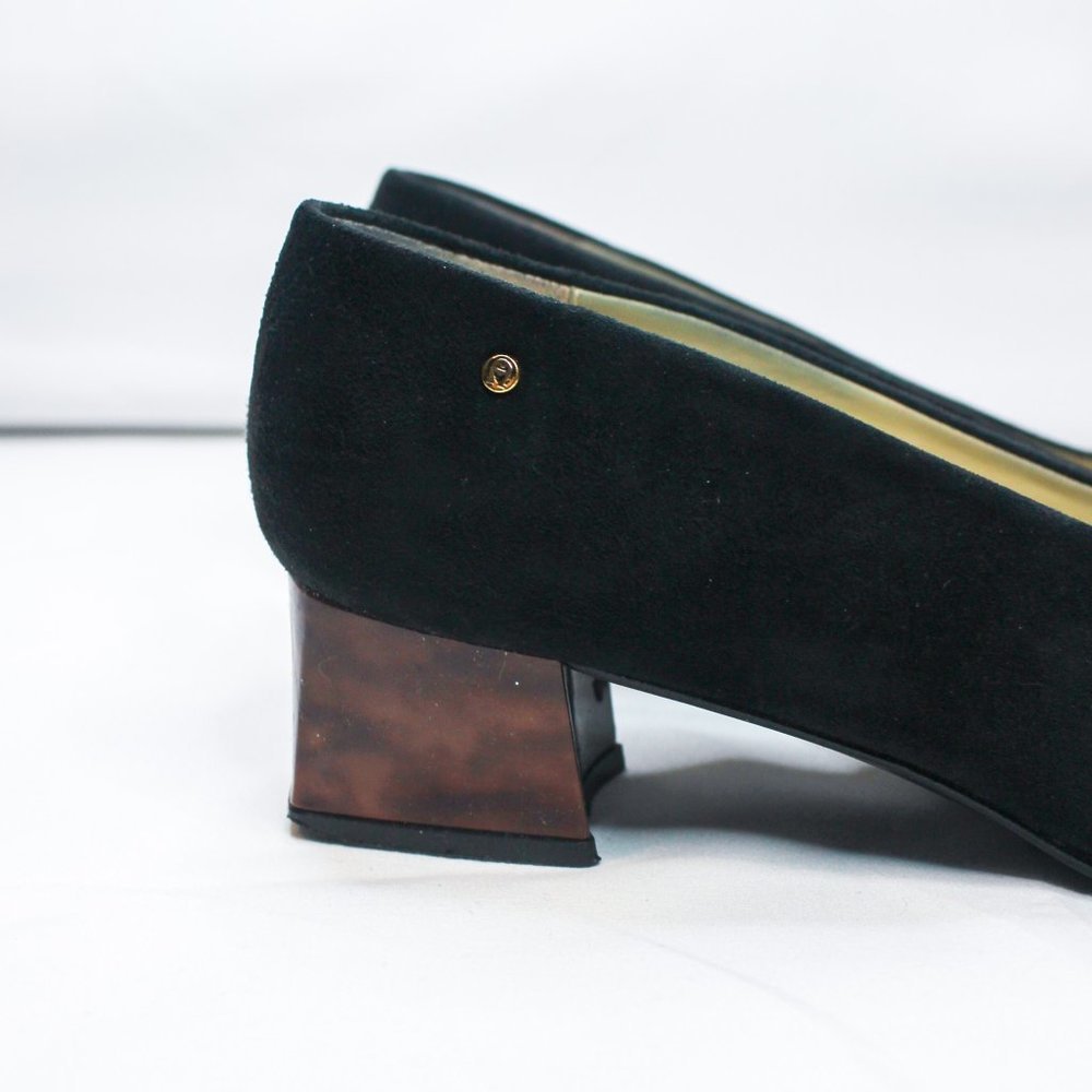 Vintage Etienne Aigner Black Suede Brown Tortoise Shell Block Heel 90s 8.5 Pumps - Picture 6 of 14